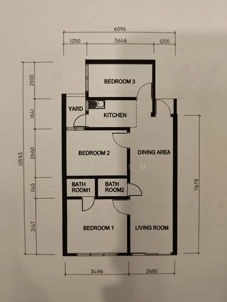 Floor plan: 3-bedroom 2-bathroom unit; features: open-plan kitchen-dining-living, master bedroom with ensuite bathroom, bedroom 2 with shared bathroom, yard area, utility room, central foyer.