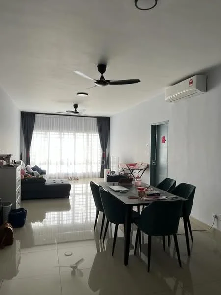 Living features: grey fabric sofa, 2 ceiling fans, 1 wall-mounted split AC, white painted walls, glossy tile flooring, dining table with 6 green upholstered chairs, floor-to-ceiling windows with sheer curtains, decorative wall clock, light grey curtains, coffee table, open layout; style: modern.