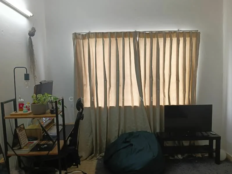 Living features: white painted walls, beige curtains, wooden flooring, black TV console, flat-screen TV, green bean bag, wooden desk, black office chair, potted plant on desk, desk lamp; style: modern.