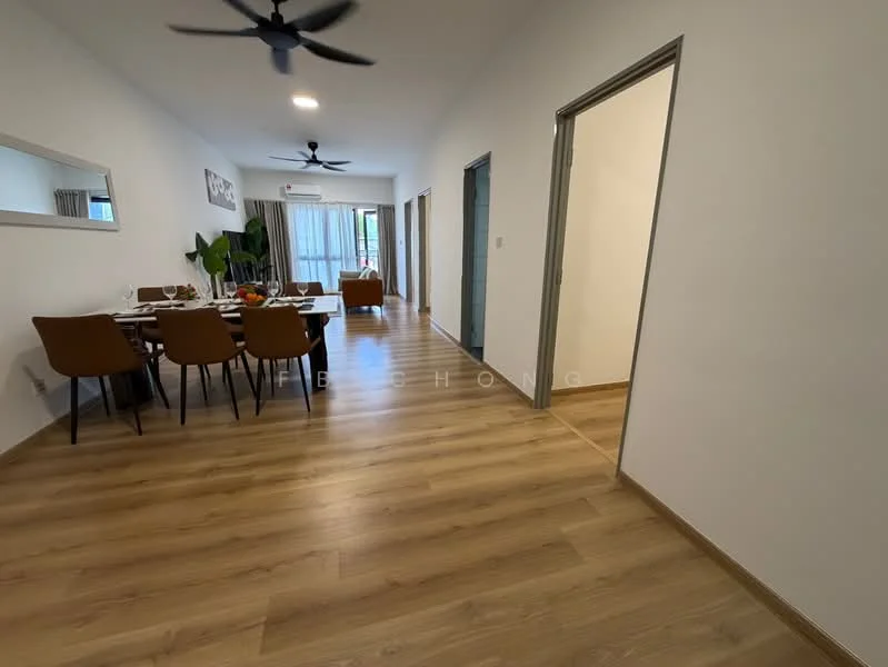 Dining features: 6-seater dining table, upholstered dining chairs, wooden flooring, pendant lighting, decorative mirror, houseplants in ceramic pots; style: modern. Hallway features: wooden flooring, white painted walls, recessed downlights, doorway leading to other rooms; style: modern.