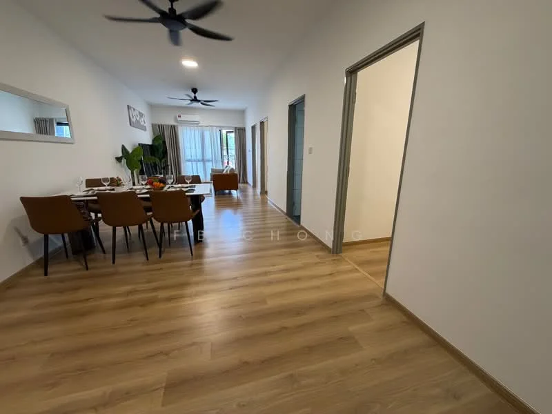 Dining features: 6-seater dining table, upholstered dining chairs, wooden flooring, pendant light, decorative mirror, houseplants in ceramic pots, open layout, natural light from large windows; style: modern; view: garden. Hallway features: wooden flooring, white painted walls, ceiling fan, recessed downlights, doorway leading to other rooms; style: modern.
