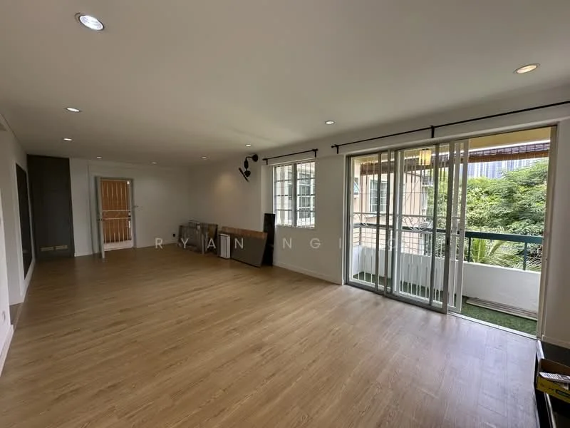 Living features: laminate flooring, white painted walls, recessed downlights, floor-to-ceiling windows, sliding glass door, balcony access, neutral color scheme, open layout, decorative wall sconces; style: modern; view: garden.