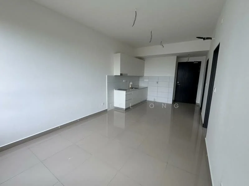 Living features: white painted walls, grey tiled flooring, kitchenette with white cabinetry, single-bowl stainless-steel sink, built-in countertop, no visible appliances, floor-to-ceiling windows, recessed downlights, open layout, neutral color scheme; style: modern.