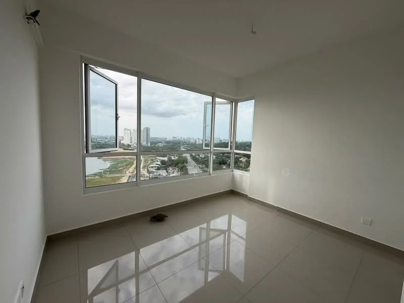 Room features: large floor-to-ceiling windows, white painted walls, glossy ceramic tile flooring, neutral color scheme, open layout, natural light, city view, corner window; style: modern; view: city.