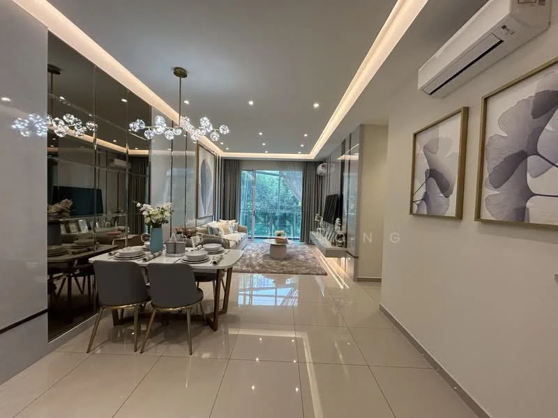 Dining features: 6-seater dining table, upholstered dining chairs, chandelier with multiple bulbs, recessed LED downlights, mirror wall, large windows with sheer curtains, polished ceramic tile flooring, decorative wall art, area rug with neutral tones, air conditioning unit on wall; style: modern; view: garden.