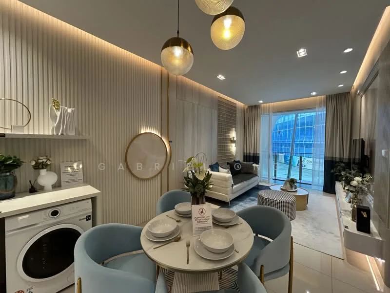 Living features: light grey accent wall, white painted walls, recessed downlights, pendant lights, floor-to-ceiling windows, curtains, sofa with decorative cushions, coffee table, area rug, dining table with upholstered chairs, washing machine, decorative wall art, potted plants; style: modern; view: city.