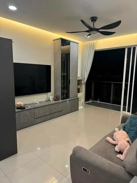 Living features: grey wall-mounted TV unit, black flat-screen TV, light grey fabric sofa, decorative plush toy on sofa, recessed LED lighting, ceiling fan with 3 blades, white sheer curtains, sliding glass door, glossy ceramic tile flooring, glass balcony railing, dark grey accent wall; style: modern; view: city.