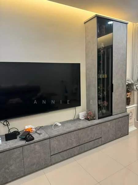 Living features: wall-mounted TV, grey stone feature wall, low-profile media console, glass display cabinet, white shelving unit, recessed lighting, glossy tile flooring, decorative items on shelves; style: modern.