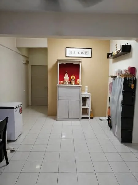 Room features: white tiled flooring, cream painted walls, recessed ceiling lights, wooden display cabinet with red backing, white side table, black refrigerator, silver refrigerator, black dining chair, small white freezer, decorative items on shelves; style: modern.