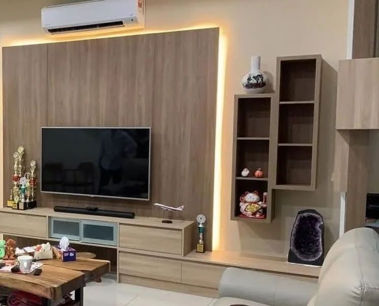 Living features: wall-mounted TV, wood panel accent wall, LED strip lighting, light-colored cabinetry, open shelving unit, decorative figurines, trophies on display, cream-colored sofa, tile flooring, air conditioning unit; style: modern.
