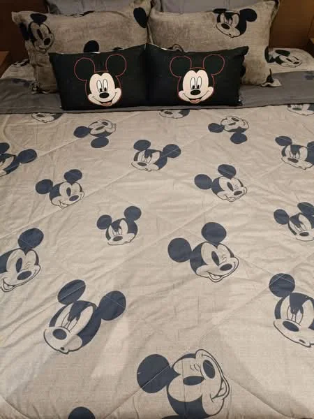 Bedroom features: queen-size bed, Mickey Mouse patterned bedding, two decorative pillows with Mickey Mouse design, wooden headboard, nightstand, lamps on nightstand.