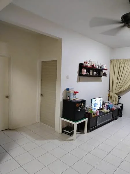 Room features: white painted walls, tiled flooring, ceiling fan, wall-mounted TV, black TV console, decorative shelf with items, curtains, closed door, open doorway.