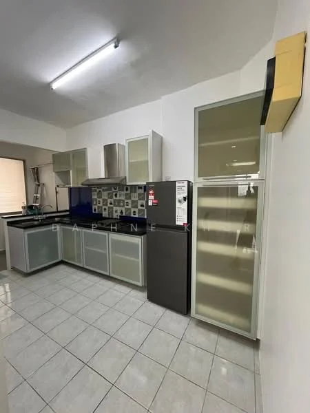 Kitchen features: white cabinetry with glass fronts, black countertop, stainless-steel fridge, built-in oven, ceramic tile flooring, wall-mounted cabinets, open shelving, single-bowl stainless-steel sink, chrome pull-down faucet, back wall with decorative tiles, fluorescent ceiling lights; style: modern.