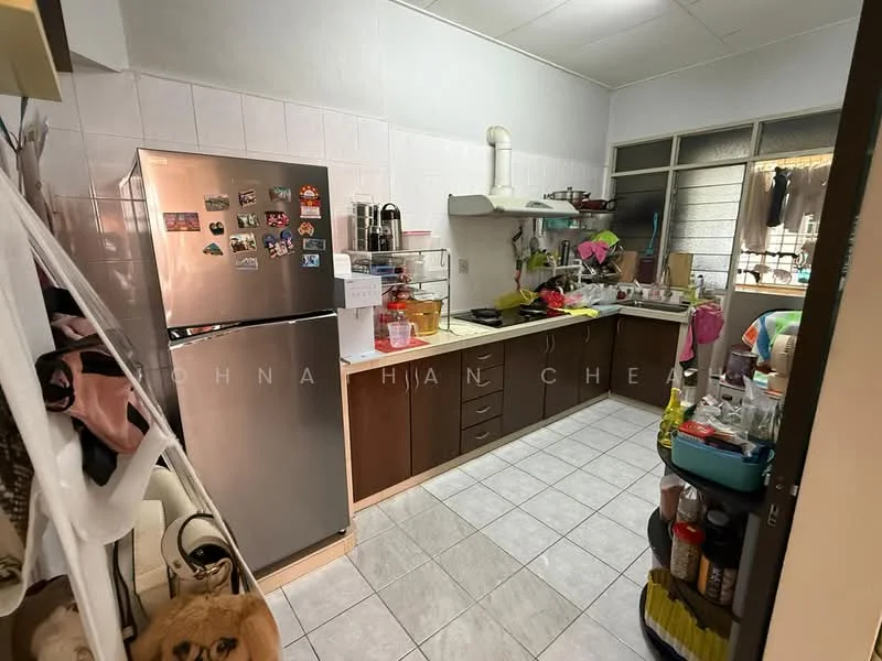 Kitchen features: stainless-steel fridge, brown wooden cabinetry, white tiled backsplash, white tiled flooring, double-bowl sink, chrome pull-down faucet, built-in gas stove, exhaust hood, window with grid pattern, countertop with clutter, open shelving, various kitchen appliances, wall-mounted storage, decorative magnets on fridge.