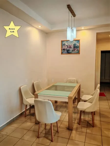 Dining features: glass-top dining table, wooden dining table legs, 5 white upholstered dining chairs, pendant lighting with three bulbs, framed artwork on wall, cream painted walls, tile flooring, recessed ceiling lights; style: modern.