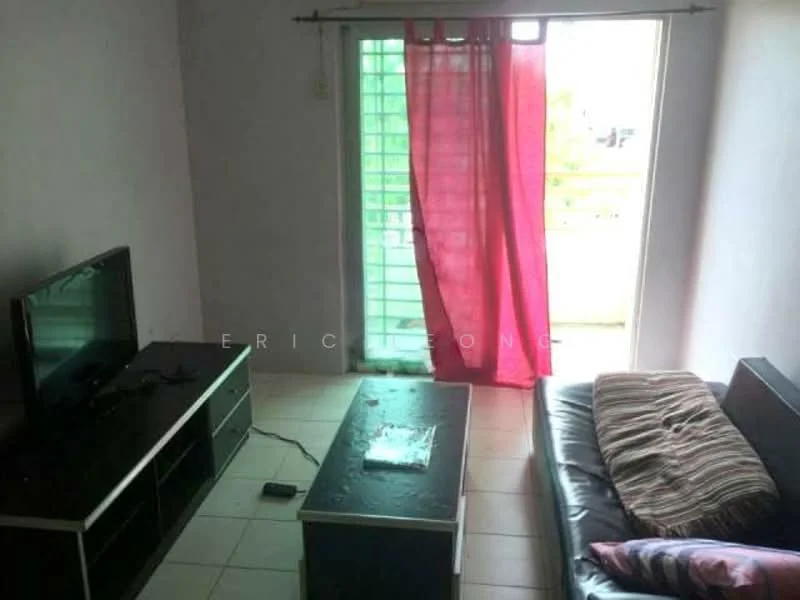 Living features: grey painted walls, tile flooring, sliding glass door, curtains in pink, black leather sofa, striped throw pillow, TV console, wall-mounted TV, coffee table.