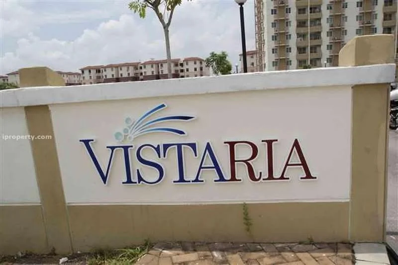 Exterior features: signage with the name 'VISTARIA', white painted wall, brick paving, landscaping with greenery, lamp post, surrounding residential buildings; style: modern.