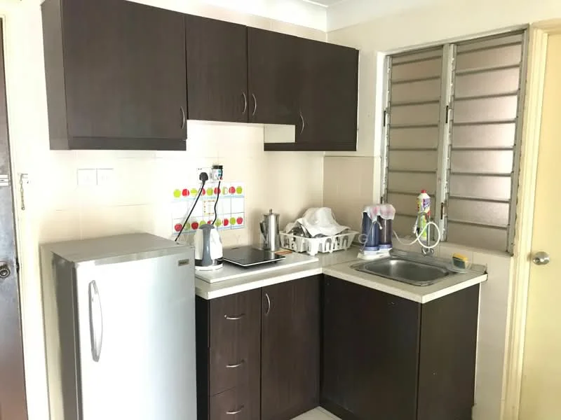 Kitchen features: dark wood cabinetry, stainless-steel fridge, single-bowl stainless-steel sink, chrome pull-down faucet, white tiled backsplash, countertop with space for appliances, kitchen utensils on countertop, window with metal grilles, light-colored wall tiles, floor tiles, electric kettle, dish rack; style: modern.