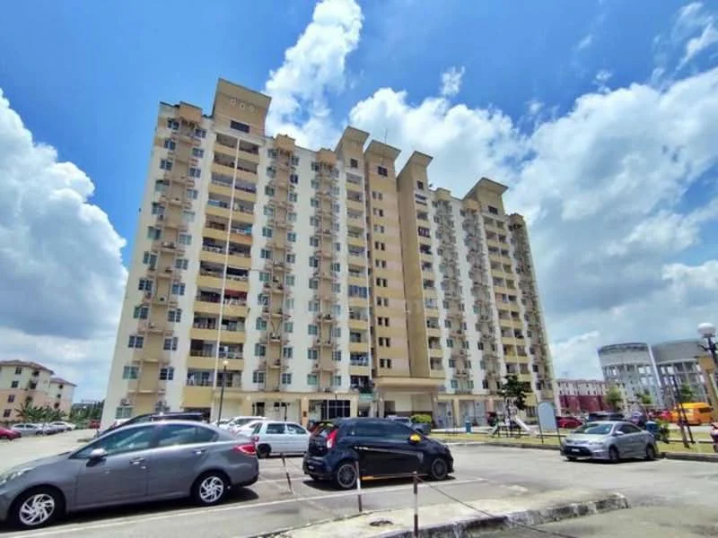 Exterior type: mid-rise condominium; features: cream painted facade, recessed balconies, approximately 8-storey high-rise, surrounded by parking lot, multiple windows on each floor, clear blue sky in background, urban setting with nearby buildings; style: modern.