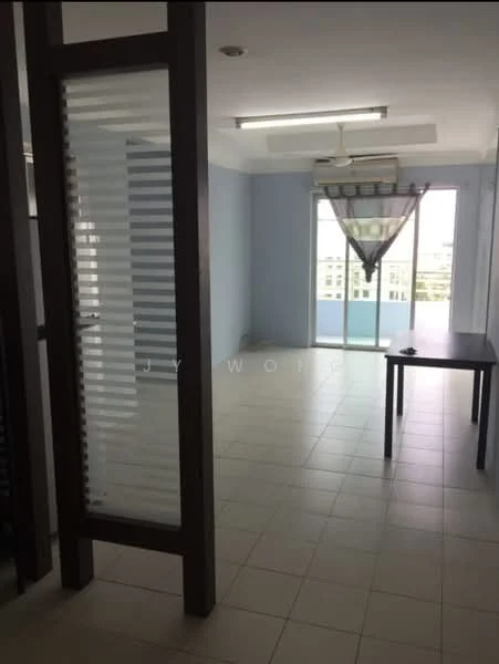 Room features: light blue painted walls, white ceiling, floor-to-ceiling windows, sliding glass door, ceramic tile flooring, ceiling fan, glass partition, table, balcony view; style: modern; view: city.