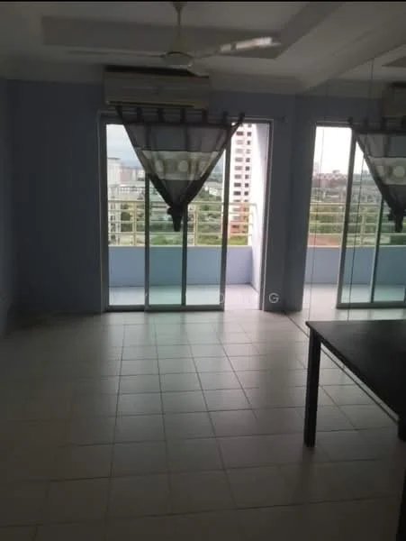 Room features: light blue painted walls, white ceiling, floor-to-ceiling sliding glass doors, tile flooring, ceiling fan, curtains, view of city skyline, air conditioning unit; style: modern; view: city.