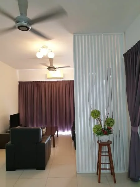 Living features: 3-seater leather sofa, coffee table, wall-mounted TV, ceiling fan with light, recessed downlights, floor-to-ceiling curtains in purple, white painted walls, tile flooring, decorative plant arrangement on stool, partition wall with vertical slats; style: modern.