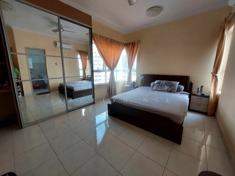 Bedroom features: queen-size bed, upholstered headboard, 2 bedside tables, framed mirror on wardrobe, built-in wardrobe with sliding doors, floor-to-ceiling windows, sheer curtains, ceiling fan, cream painted walls, tile flooring, decorative wall light; style: modern; view: city.