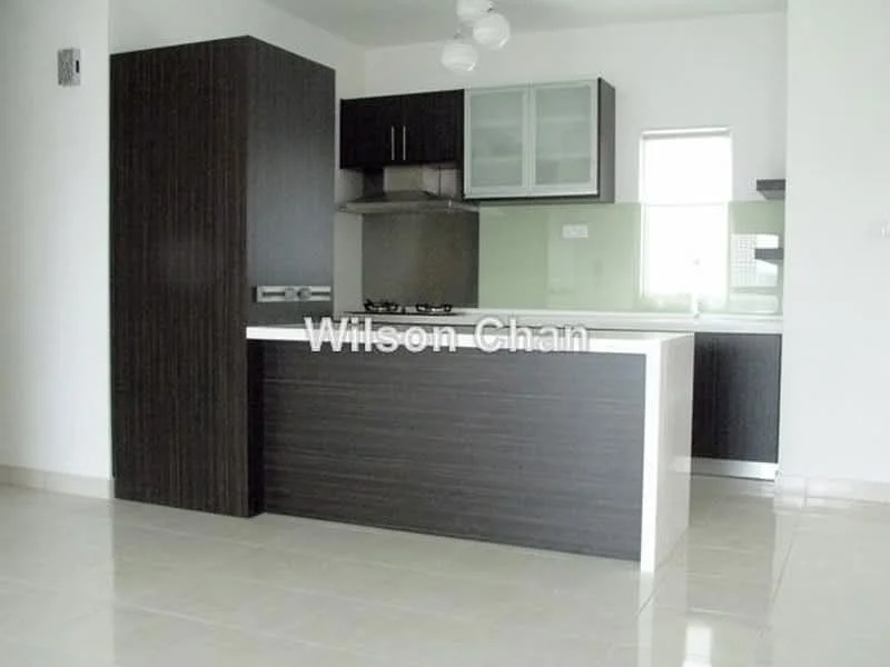 Kitchen features: dark wood cabinetry, white countertop, glass backsplash, stainless-steel gas hob, stainless-steel range hood, built-in oven, single-bowl stainless-steel sink, chrome pull-down faucet, recessed downlights, tile flooring, window for natural light, open layout; style: modern.