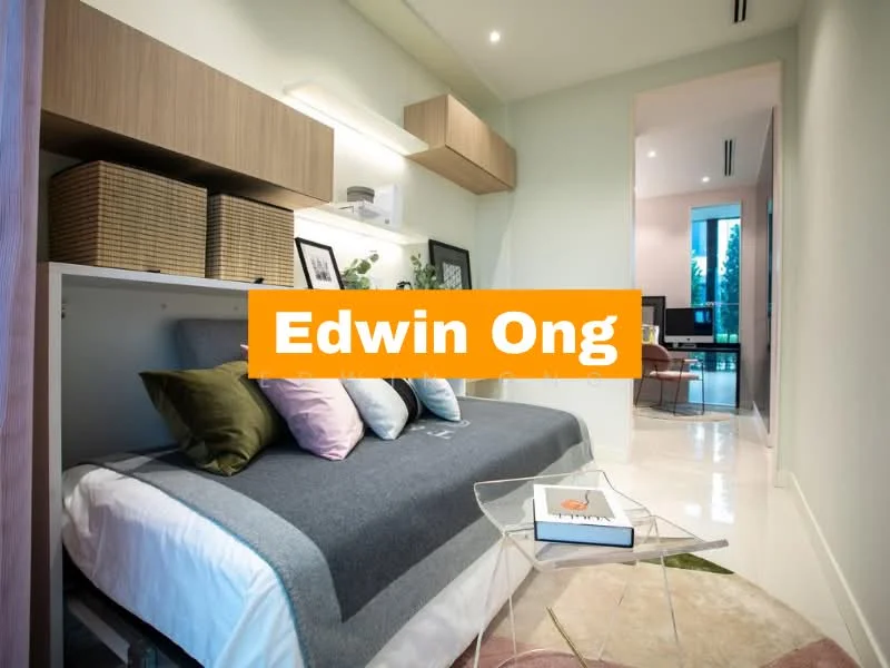 Bedroom features: queen-size bed with grey bedding, wooden headboard, built-in shelving unit, wall-mounted lighting, decorative cushions in various colors, glass side table, white walls, polished tile flooring; style: modern.