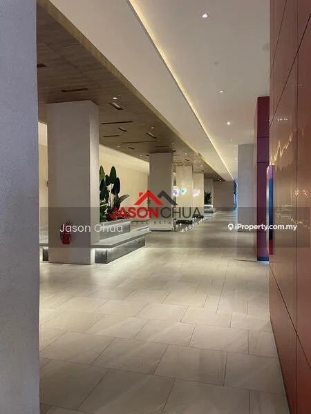 Room features: large open space, neutral tile flooring, high ceiling, recessed lighting, decorative wall planters, modern wall finishes, smooth plastered walls, ambient lighting, wide corridor, minimalist design; style: modern.