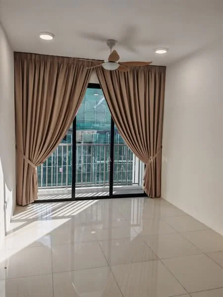 Room features: white painted walls, glossy ceramic tile flooring, 5-blade ceiling fan with light, floor-to-ceiling sliding glass door, sheer curtains, blackout curtains, natural light from window, balcony view; style: modern.