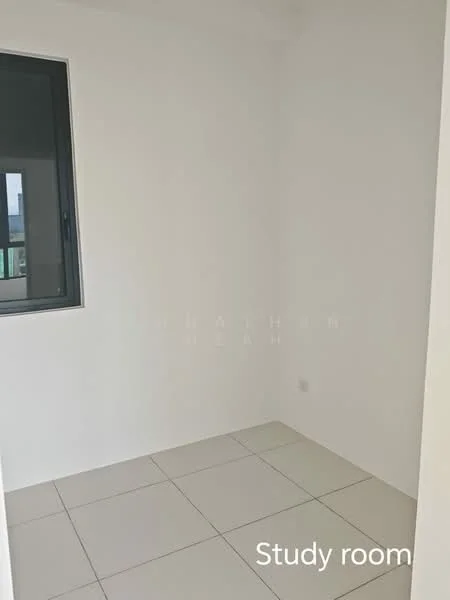 Study features: white painted walls, tile flooring, single window, neutral decor, corner layout; style: modern.