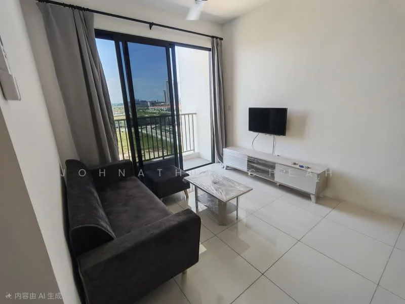 Living features: grey fabric sofa, white coffee table, wall-mounted TV, white TV console, floor-to-ceiling sliding glass door, curtains, white tiled flooring, ceiling fan with light; style: modern; view: city.