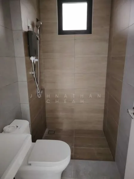 Bathroom features: walk-in shower with glass enclosure, rain shower head, handheld shower, one-piece toilet, grey ceramic tile flooring, beige tile cladding on walls, small window for natural light, shower control panel, drain in floor; style: modern.