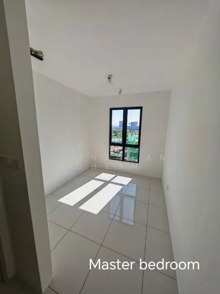 Bedroom features: white painted walls, glossy ceramic tile flooring, floor-to-ceiling window, natural light from window, single ceiling light fixture; view: city.