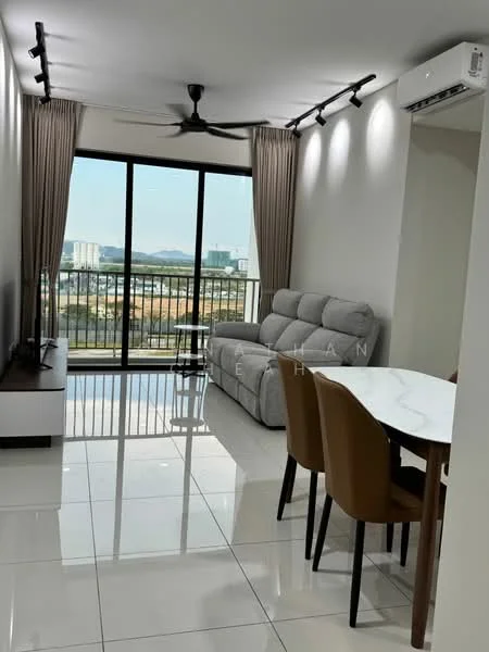Living features: 3-seater fabric sofa in grey, coffee table, wall-mounted TV, floor-to-ceiling windows, curtains, ceiling fan, white painted walls, glossy tile flooring, recessed downlights; style: modern; view: city. Dining features: 4-seater dining table, upholstered dining chairs, white painted walls, glossy tile flooring; style: modern; view: city.