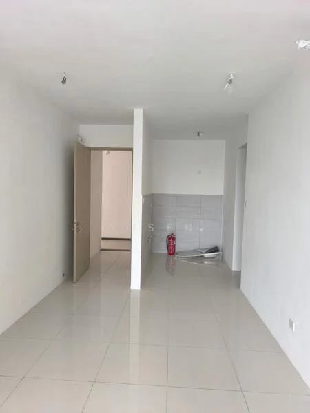 Room features: white painted walls, glossy tile flooring, recessed downlights, single door, fire extinguisher, neutral color scheme, open layout, no visible furniture; style: minimalist.