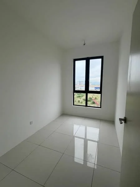 Bedroom features: white painted walls, glossy white tile flooring, floor-to-ceiling windows, city view, single light fixture, no visible furniture, neutral color scheme; style: modern; view: city.