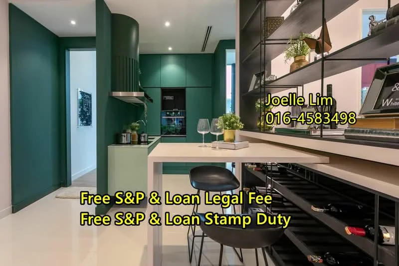 Kitchen features: green painted walls, white cabinetry, kitchen island with breakfast bar, stainless-steel range hood, built-in oven, 4-burner gas hob, wine rack, open shelving, recessed downlights, pendant lighting, white countertop, floor-to-ceiling windows, ceramic tile flooring; style: modern.