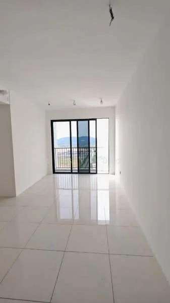 Living features: white painted walls, glossy ceramic tile flooring, floor-to-ceiling windows, sliding glass door, recessed LED downlights, neutral color scheme, open layout, balcony view; style: modern; view: city.