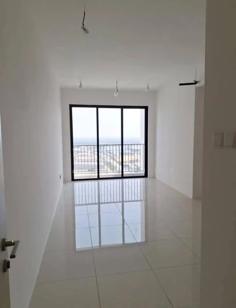 Living features: white painted walls, glossy ceramic tile flooring, floor-to-ceiling windows, black metal railing, recessed downlights, city view, open layout, minimalist decor; style: modern; view: city.