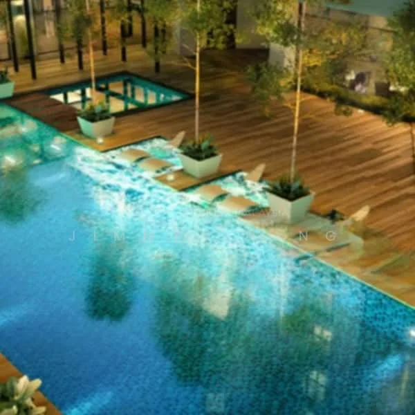 Exterior type: swimming pool deck; features: infinity pool, wooden deck, planters with greenery, poolside loungers, water features, glass railing, surrounding trees; style: modern.