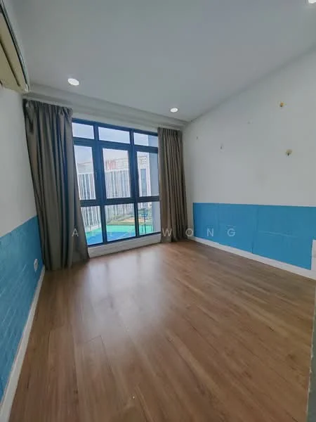 Room features: blue painted walls, white painted walls, laminate flooring, floor-to-ceiling windows, curtains, air conditioning unit, natural light, balcony view; style: modern; view: pool.