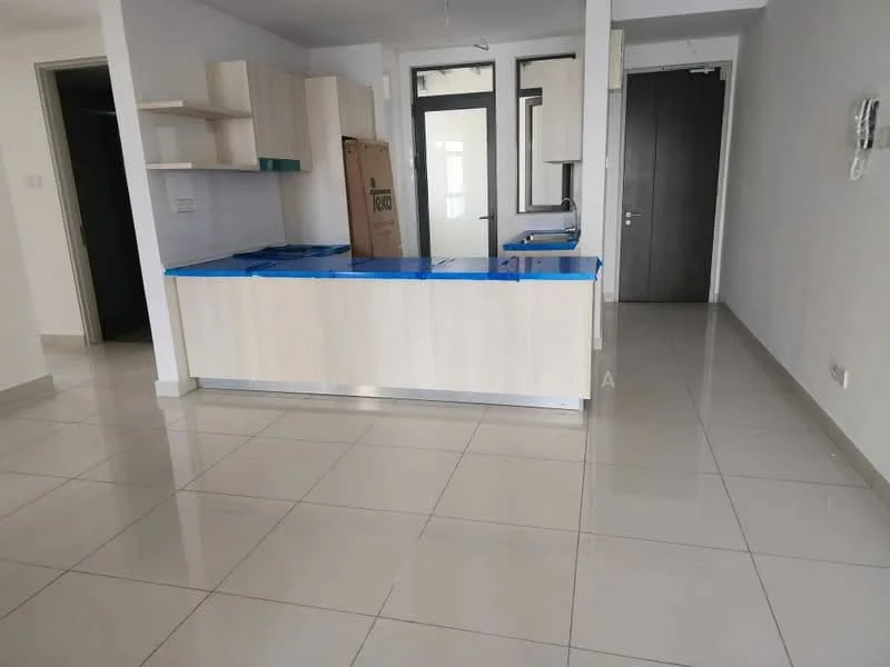 Kitchen features: white cabinetry, blue protective film on countertop, stainless-steel sink, single-bowl sink, chrome faucet, open shelving, tile flooring, recessed downlights, neutral wall color, large window, open layout to living area; style: modern. Room features: tile flooring, neutral wall color, doorway to hallway, large window.