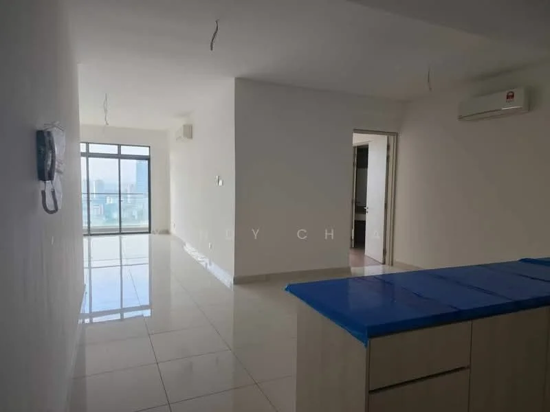 Room features: white painted walls, glossy tile flooring, floor-to-ceiling windows, 1 wall-mounted split AC, open layout, kitchen island with countertop, doorway leading to another room, intercom system; style: modern; view: city.