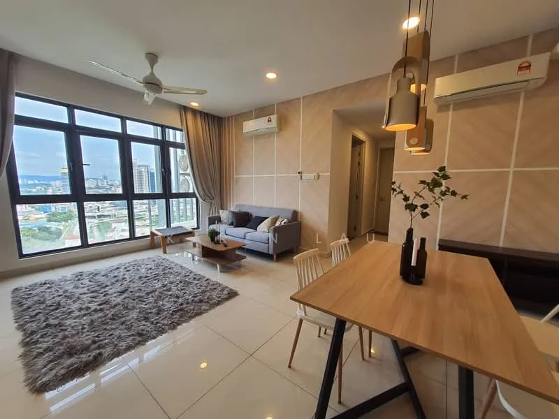 Living features: 3-seater fabric sofa in grey, coffee table, area rug with geometric pattern, floor-to-ceiling windows, city view, 5-blade ceiling fan with light, 2 wall-mounted split ACs, decorative plant in vase, wall-mounted artwork, light wood dining table, 4 dining chairs, recessed downlights; style: modern; view: city.