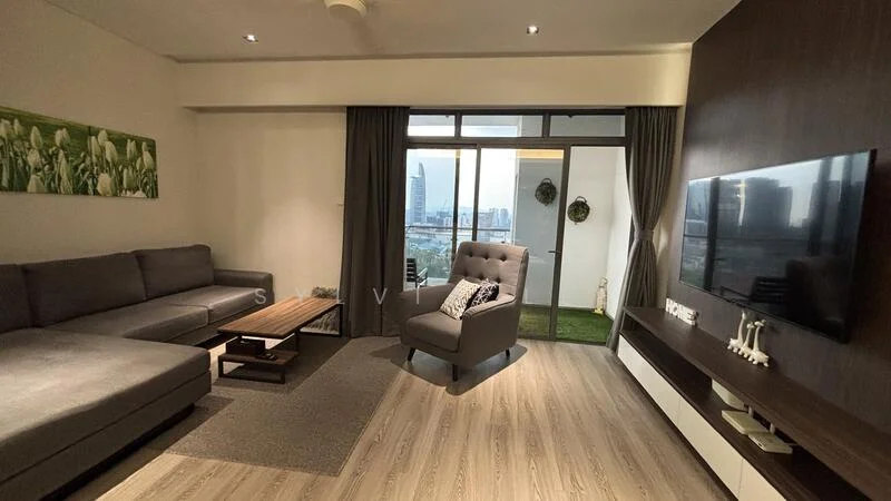 Living features: L-shape sectional sofa in grey, coffee table, area rug, wall-mounted TV, TV console, floor-to-ceiling windows, sliding glass door, curtains, decorative wall with wooden paneling, ceiling fan, light fixtures, greenery view from windows; style: modern; view: city.