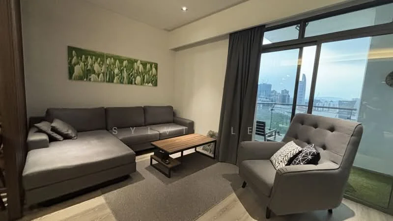 Living features: L-shape sectional sofa in grey, coffee table, area rug, floor-to-ceiling windows, curtains, decorative armchair, city skyline view, wooden flooring, wall-mounted artwork; style: modern; view: city.