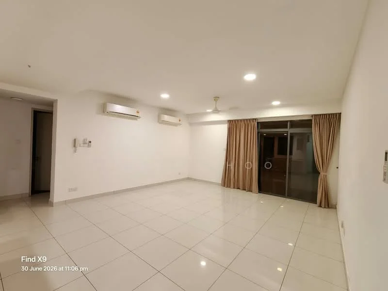 Living features: white painted walls, glossy ceramic tile flooring, 5-blade ceiling fan with light, 2 wall-mounted split AC units, floor-to-ceiling sliding glass door, curtains, recessed downlights; style: modern.