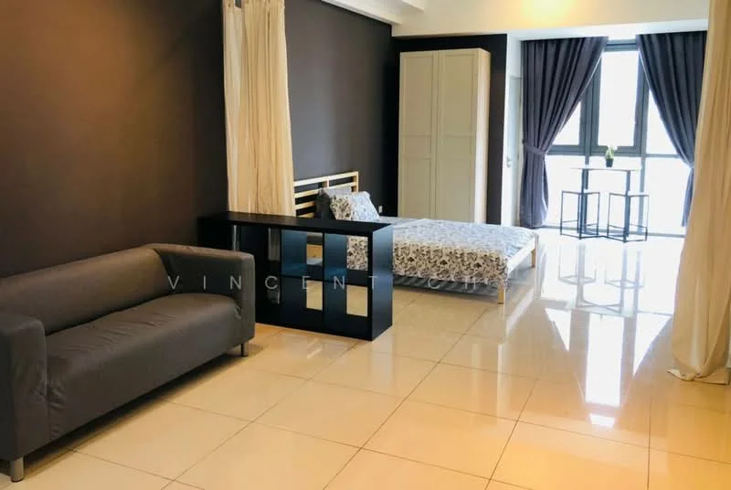 Room features: grey fabric sofa, white bed with patterned bedding, black side table, two chairs, floor-to-ceiling windows, sheer curtains, dark accent wall, light-colored tiled flooring, built-in wardrobe; style: modern.